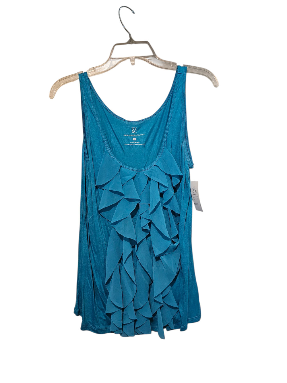 New York & Co. Chiffon Ruffle Top Women Sz Large Fairy Whimsical Teal Blue
